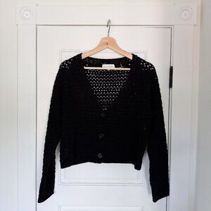 White + Warren Cotton Crochet Cardigan in Black
